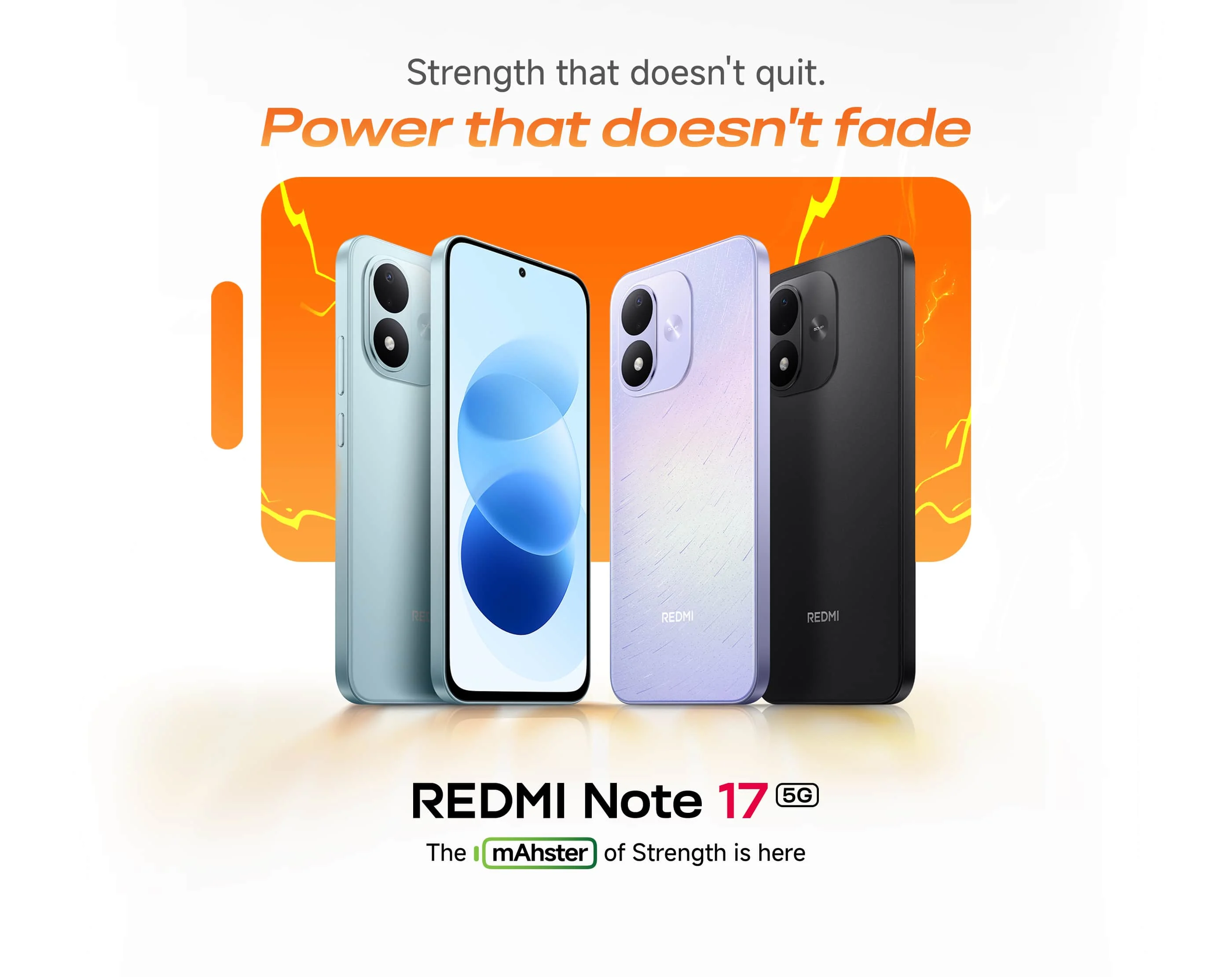 Tres acabados del Redmi Note 17 5G junto a una vista frontal del teléfono