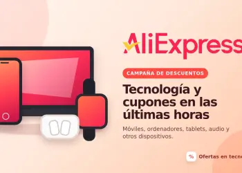 Logotipo de AliExpress junto a ilustraciones de un móvil, un ordenador, auriculares y un reloj inteligente