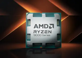Procesador AMD Ryzen 9000 sobre un fondo negro y naranja