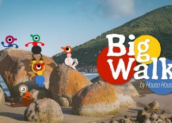 Personajes de Big Walk recorren una playa rocosa junto al logotipo del juego