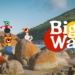 Personajes de Big Walk recorren una playa rocosa junto al logotipo del juego