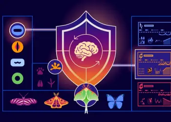 Ilustración de Cloudflare para Adaptive Intelligence, con un escudo y señales de detección de bots