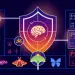 Ilustración de Cloudflare para Adaptive Intelligence, con un escudo y señales de detección de bots