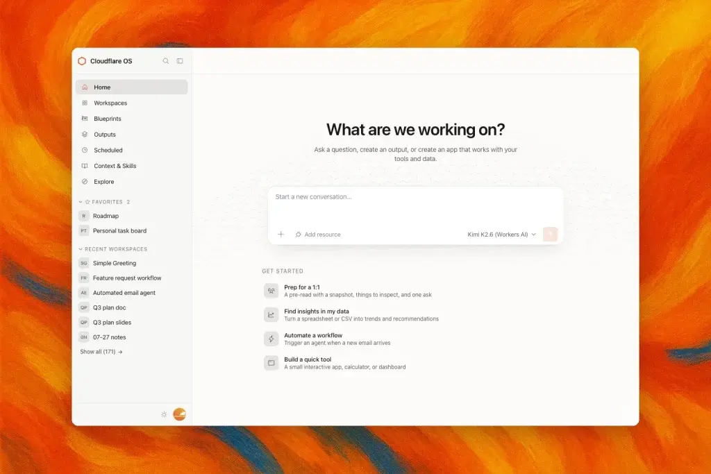 Interfaz de Cloudflare OS con espacios de trabajo, plantillas y acciones asistidas por IA