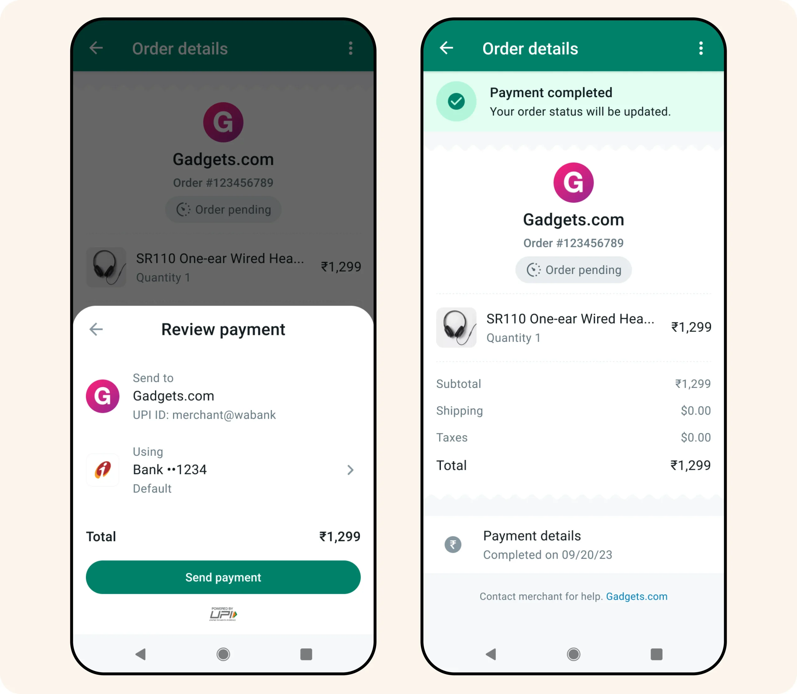 Interfaz de WhatsApp para revisar y completar el pago de una compra