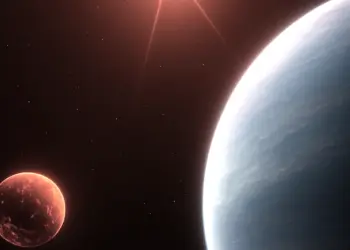 Recreación artística del sistema TOI-1752, con su mundo de lava y el subneptuno exterior