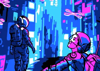 Ilustración oficial de DEF CON 34 con dos participantes y una ciudad tecnológica llena de drones