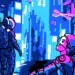 Ilustración oficial de DEF CON 34 con dos participantes y una ciudad tecnológica llena de drones