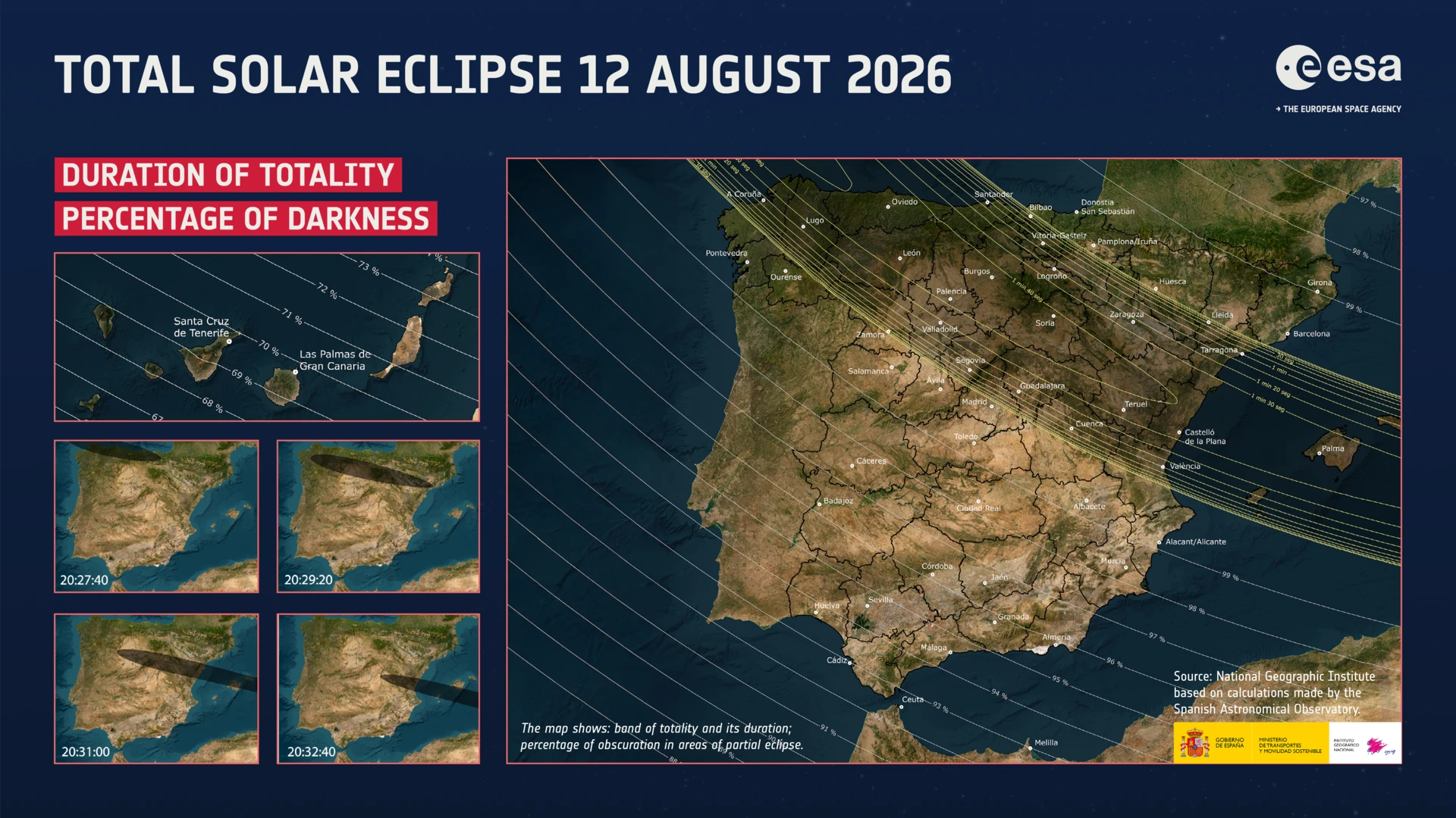 Mapa de la ESA con la franja de totalidad del eclipse del 12 de agosto de 2026 sobre la península ibérica
