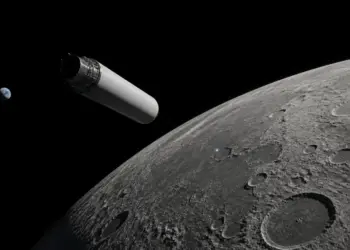 Ilustración de una etapa superior Falcon 9 aproximándose a la superficie lunar