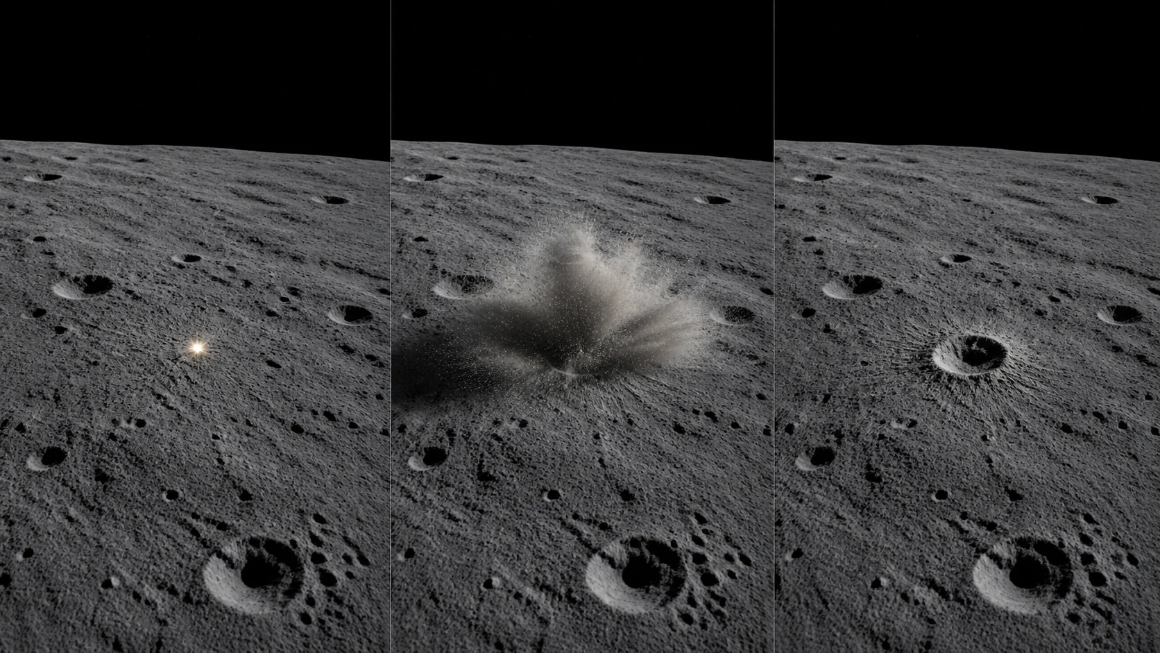 Secuencia ilustrada del destello, la nube de material y el cráter de un impacto lunar