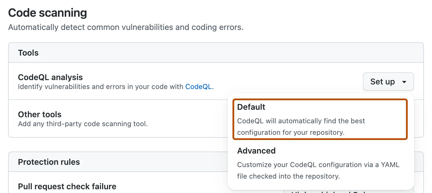 Captura oficial de GitHub con la configuración predeterminada del análisis de código CodeQL