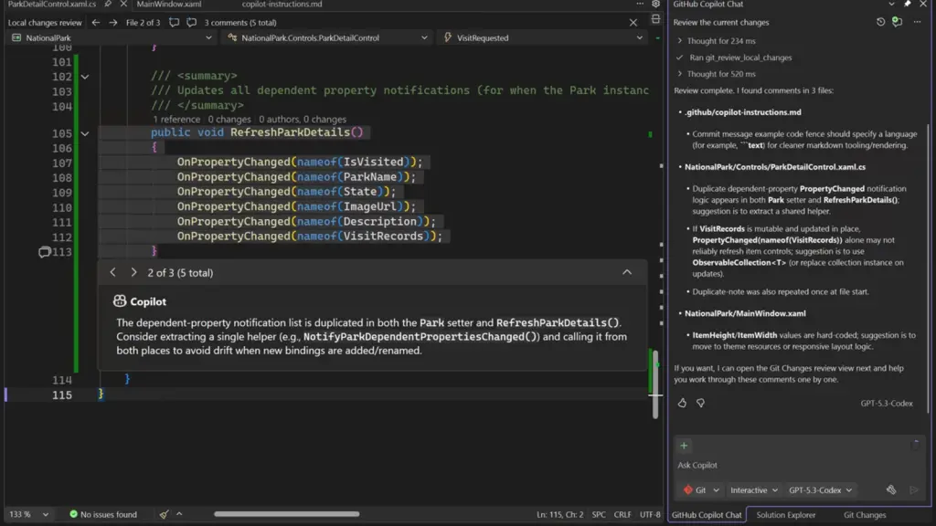 Detalle relacionado con GitHub Copilot suma controles de razonamiento y revisión local en Visual Studio 2026