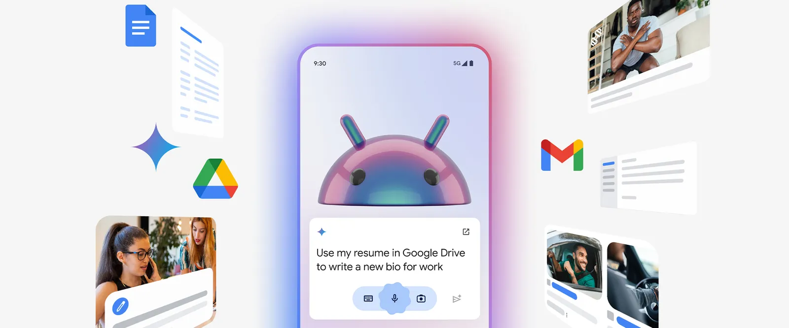 Interfaz de Gemini en Android junto a servicios de Google como Drive, Gmail y Maps.