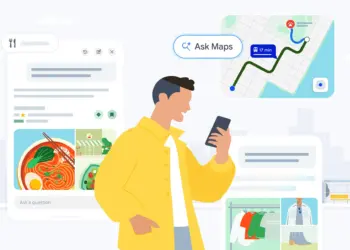 Ilustración de una persona usando Ask Maps para planificar una ruta y buscar comida