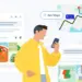 Ilustración de una persona usando Ask Maps para planificar una ruta y buscar comida
