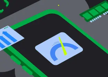 Ilustración de Android con un módulo de memoria y un indicador de rendimiento