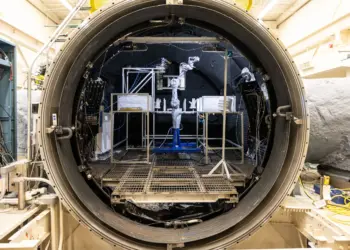 Interior de la cámara de vacío térmico donde la NASA prueba herramientas lunares con polvo simulado