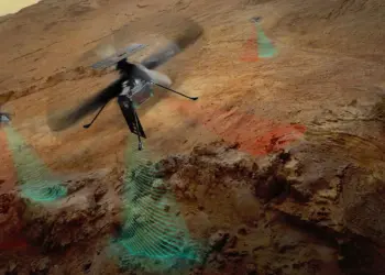 Concepto artístico de tres helicópteros SkyFall usando radar para explorar el subsuelo de Marte