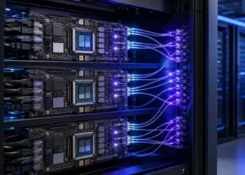 Placas de chips de inteligencia artificial conectadas mediante enlaces ópticos en un rack