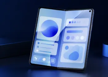 Teléfono plegable abierto con una interfaz móvil azul que representa One UI 9