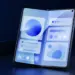 Teléfono plegable abierto con una interfaz móvil azul que representa One UI 9