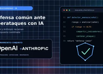 Logotipos de OpenAI y Anthropic junto a código sobre ciberdefensa