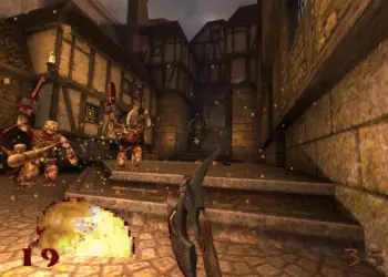 Combate en primera persona contra varios enemigos en Dawn of the Machine