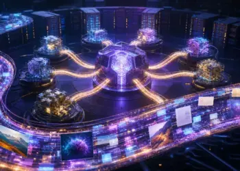 Ilustración de varios núcleos de inteligencia artificial conectados en una arquitectura de mezcla de expertos