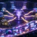 Ilustración de varios núcleos de inteligencia artificial conectados en una arquitectura de mezcla de expertos