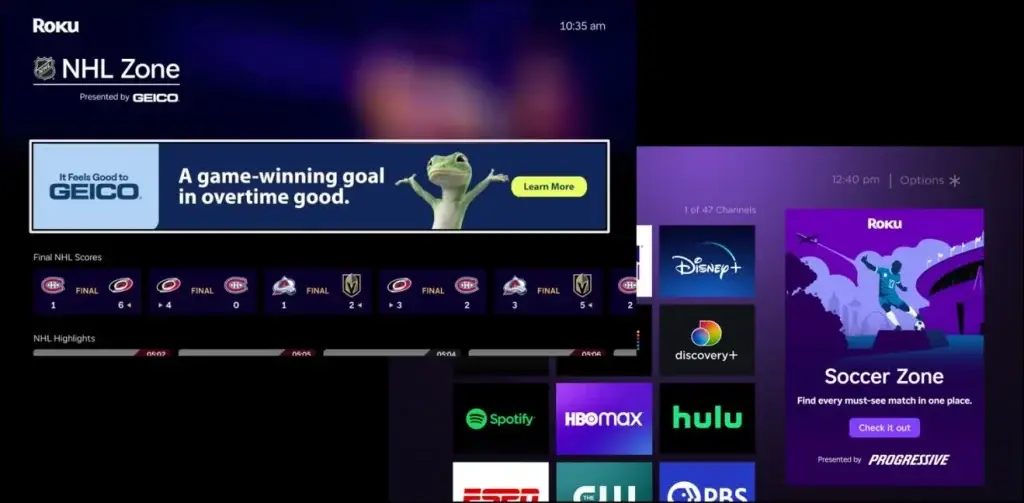 Zonas deportivas de Roku para hockey y fútbol dentro de la interfaz del televisor