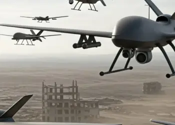 Ilustración oficial de varios drones coordinados sobre un entorno urbano