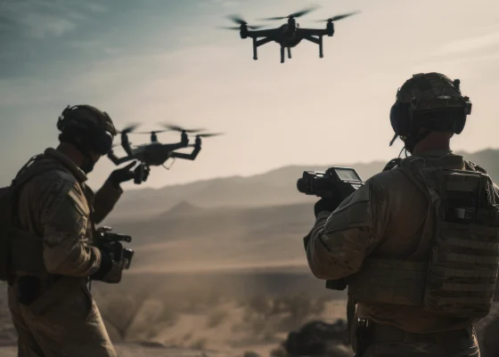 Ilustración oficial de dos militares supervisando varios drones