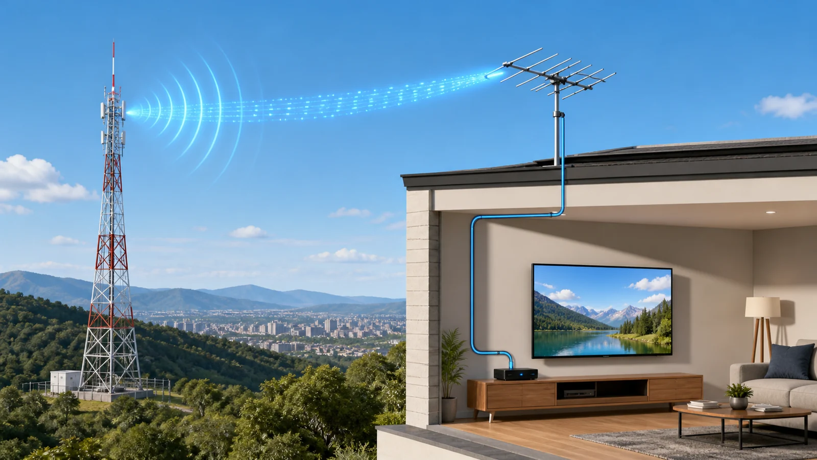 Torre de emisión enviando una señal digital a una antena doméstica y un televisor