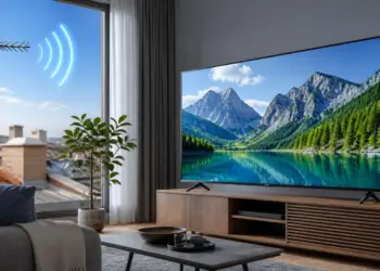 Televisor moderno recibiendo una señal de TDT mediante una antena