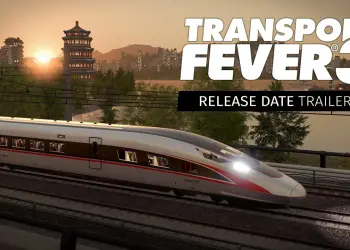 Tren de alta velocidad y logotipo de Transport Fever 3 en el tráiler de lanzamiento