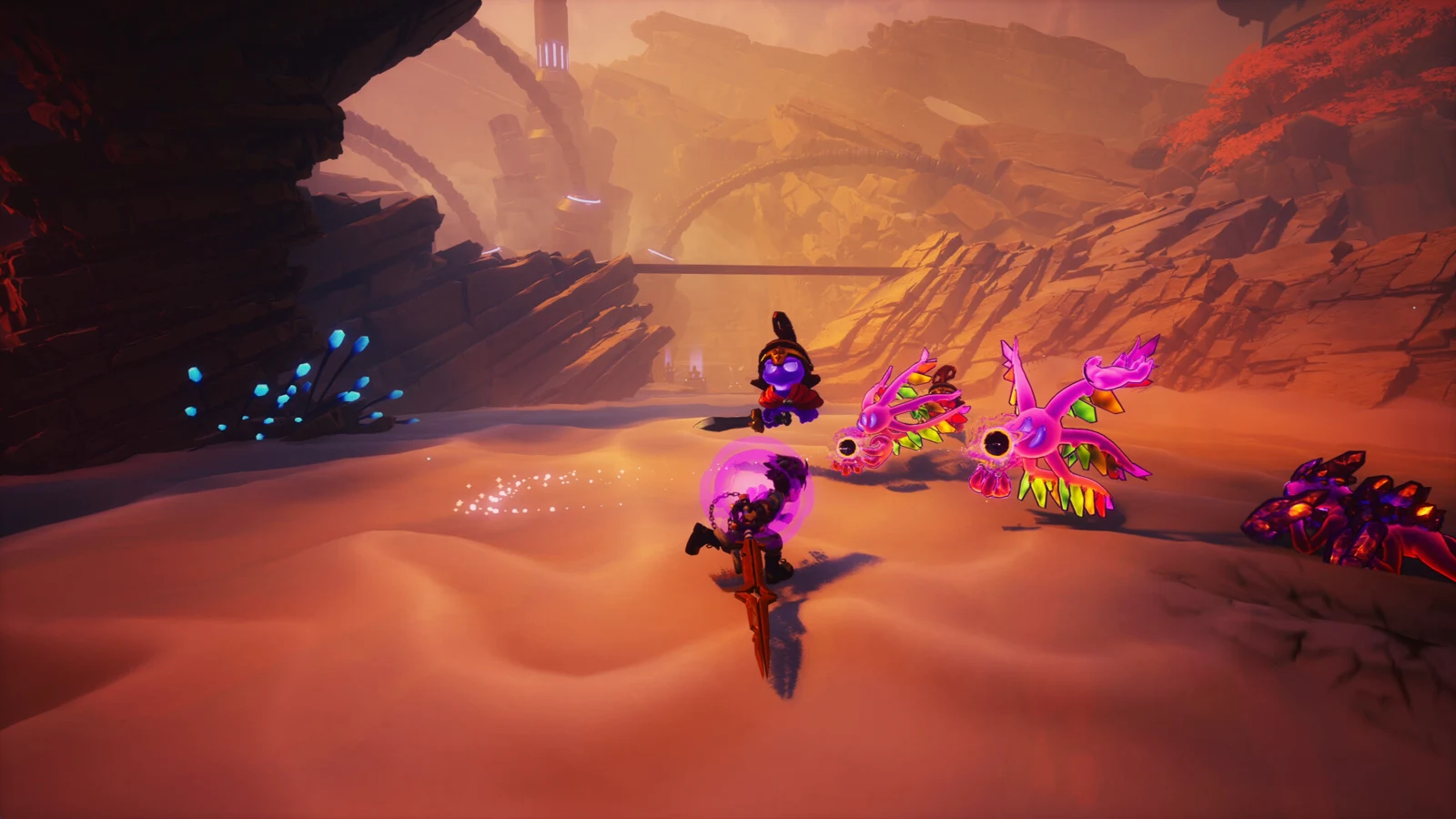 Combate de Duskfade contra criaturas en un escenario desértico