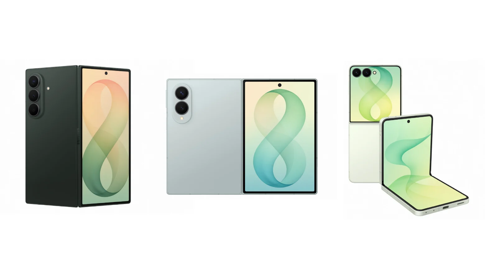 Galaxy Z Fold8 abierto y plegado en varios acabados