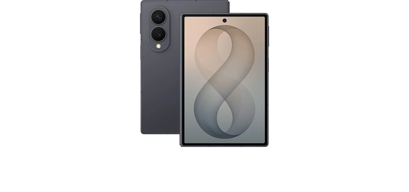 Samsung Galaxy Z Fold8 en color Grafito abierto y visto por detrás