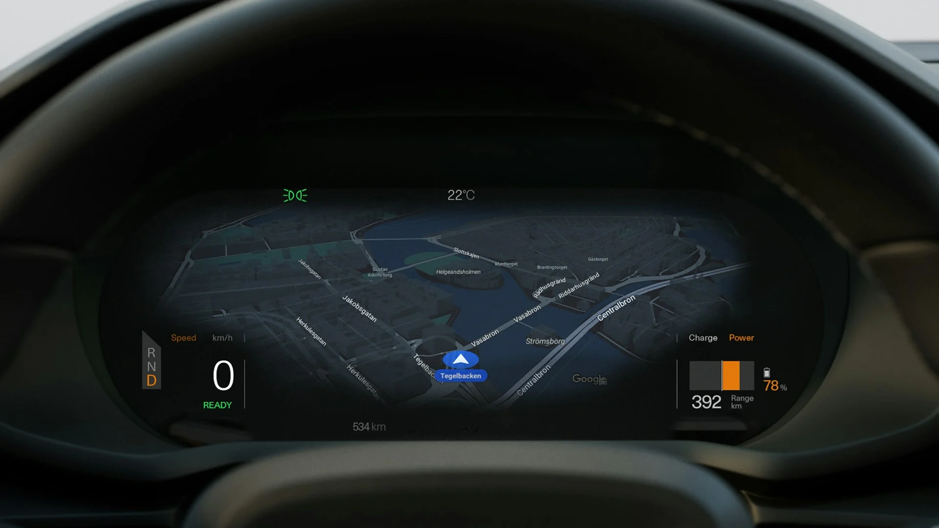 Ruta de Google Maps visible en el cuadro de instrumentos del Polestar 2