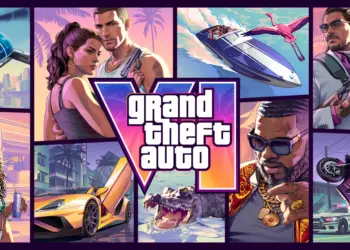 Arte oficial de Grand Theft Auto VI con el logotipo del juego y sus personajes