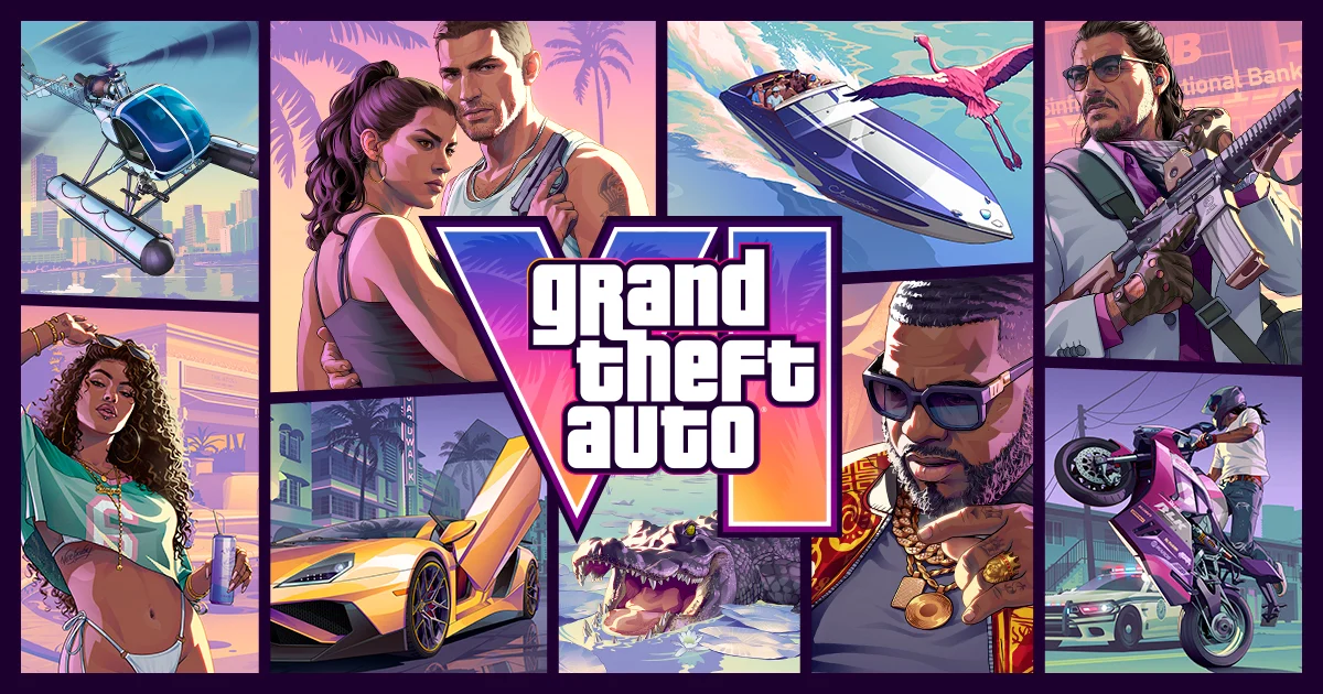 Arte oficial de Grand Theft Auto VI con el logotipo del juego y sus personajes