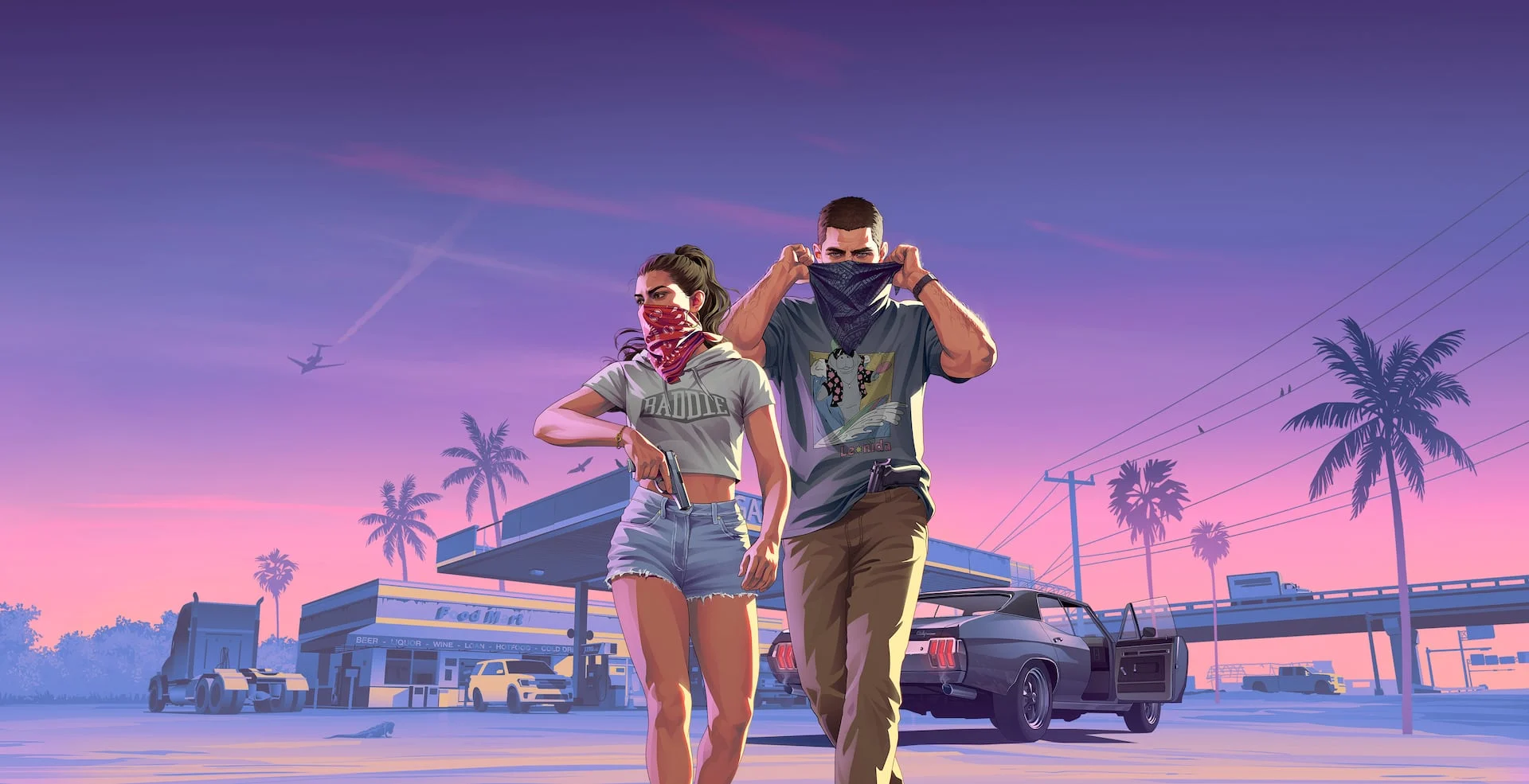 Jason y Lucia, protagonistas de Grand Theft Auto VI, en un arte oficial de Rockstar Games