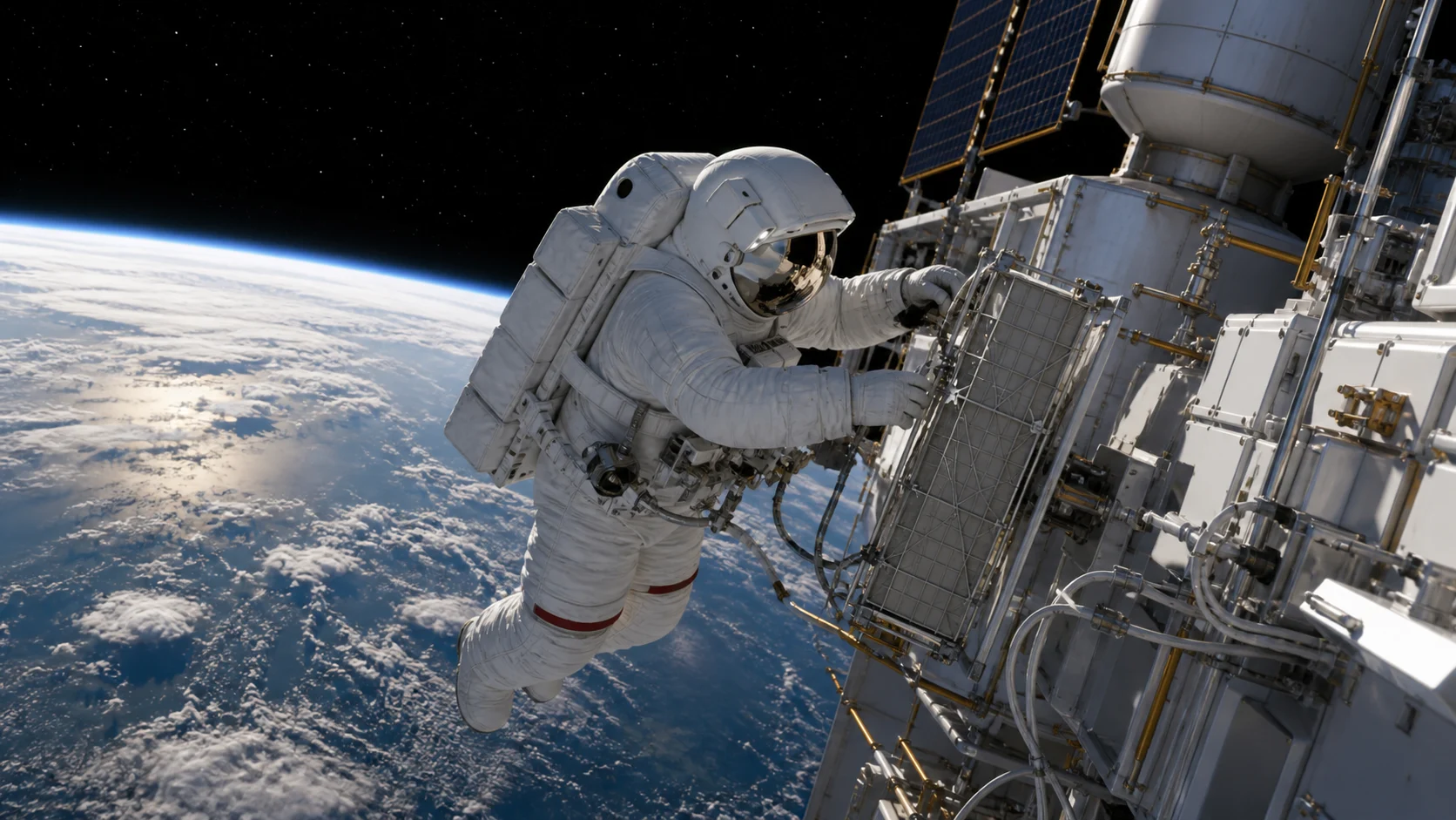 Ilustración conceptual de un astronauta realizando mantenimiento junto a una antena espacial