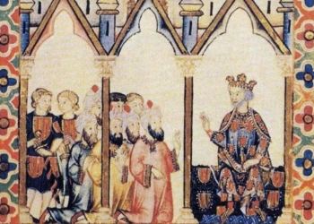 Representación medieval de Jaume I ante su corte en las Cantigas de Santa María