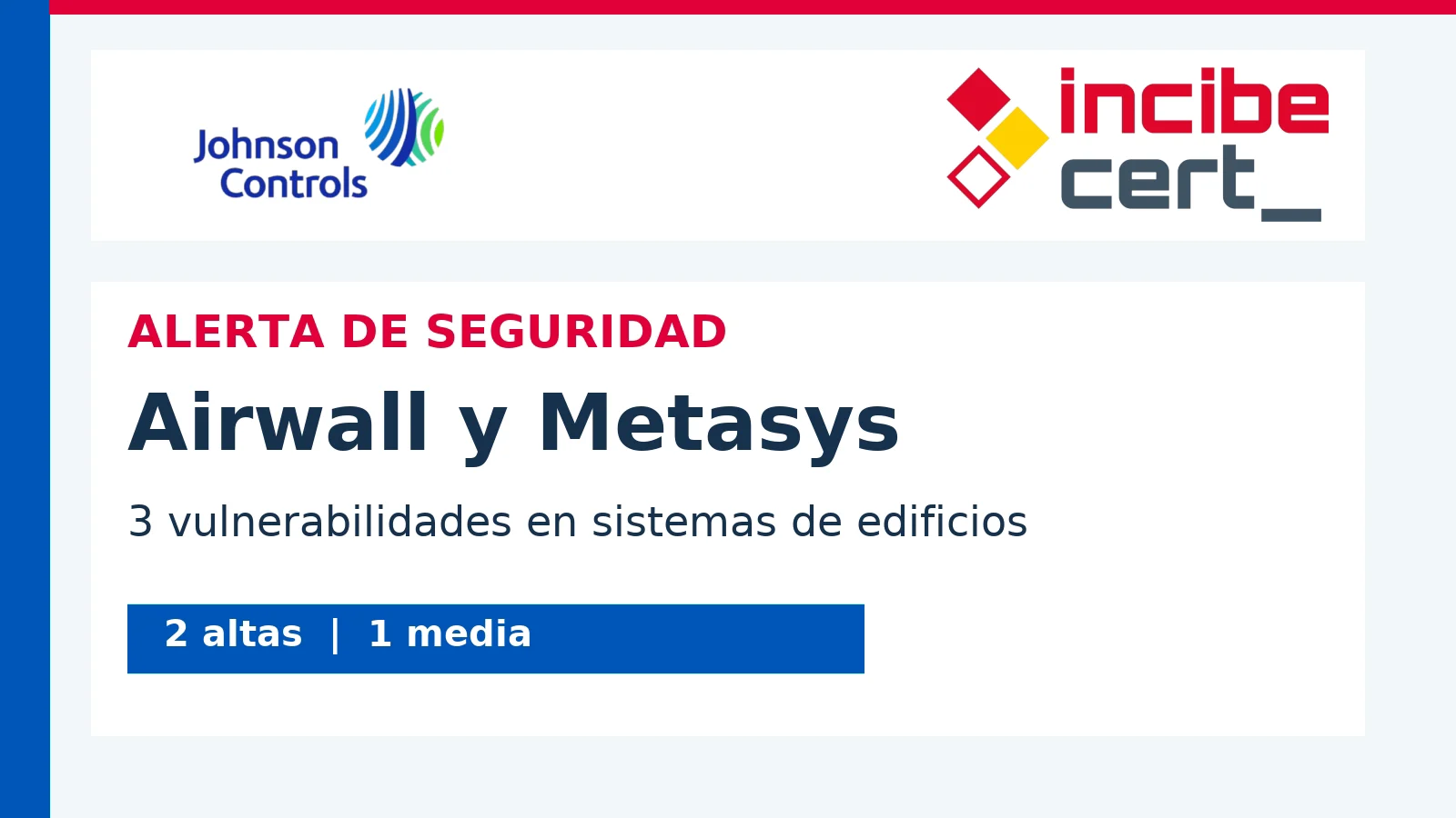 Alerta de seguridad de INCIBE-CERT para Johnson Controls Airwall y Metasys