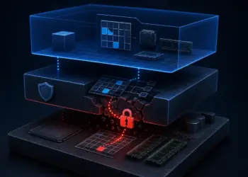 Ilustración conceptual de capas de virtualización KVM y una barrera de aislamiento rota