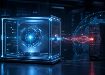 Ilustración conceptual de una IA conectándose desde un entorno de pruebas a un servidor externo