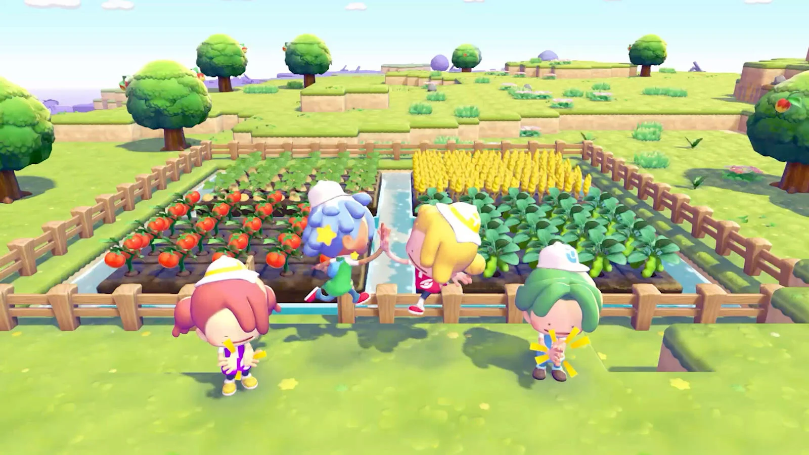 Escena de Pokémon Pokopia con personajes cuidando cultivos
