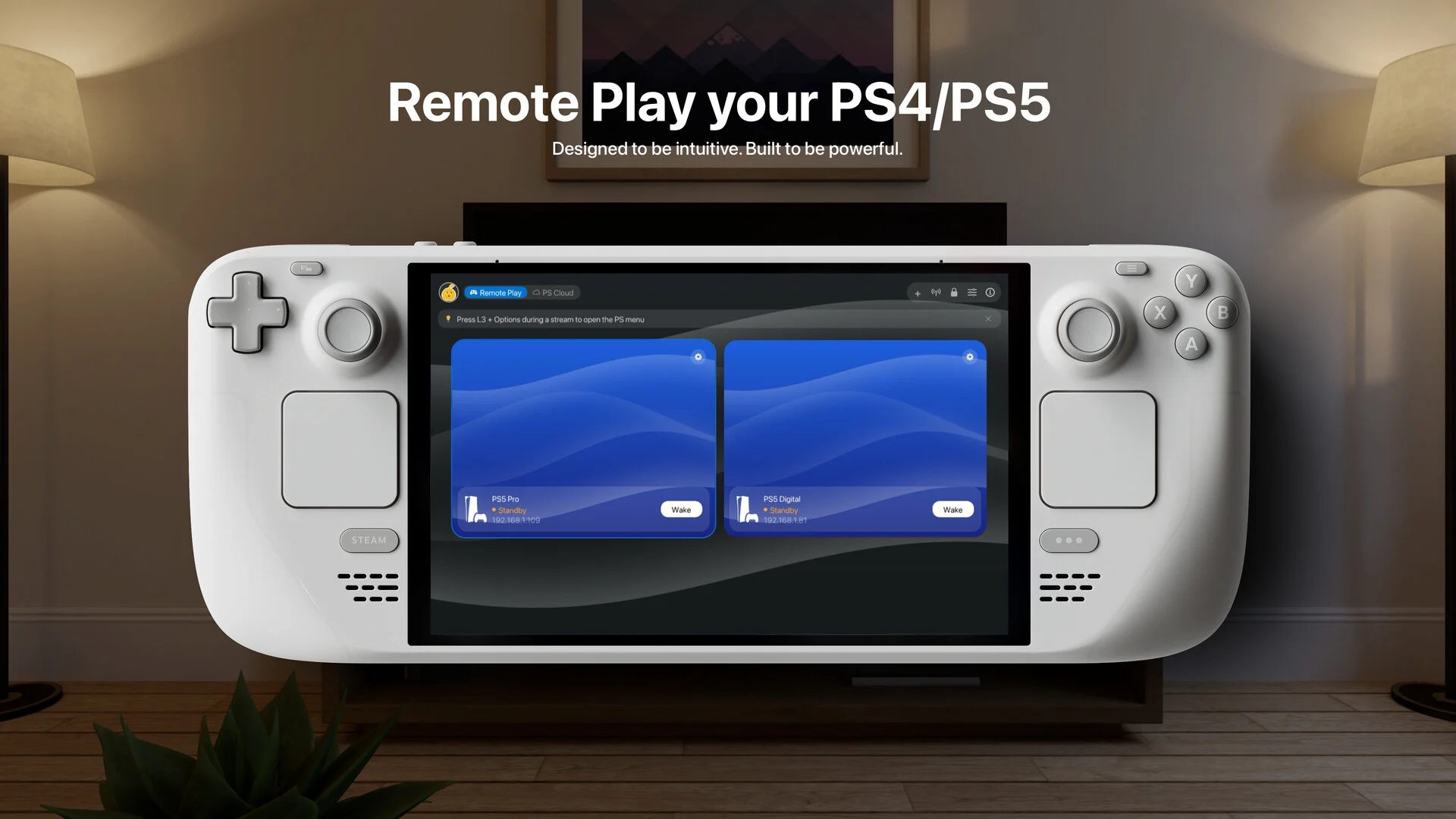 Interfaz de Asobi Remote Play conectada a dos consolas PlayStation